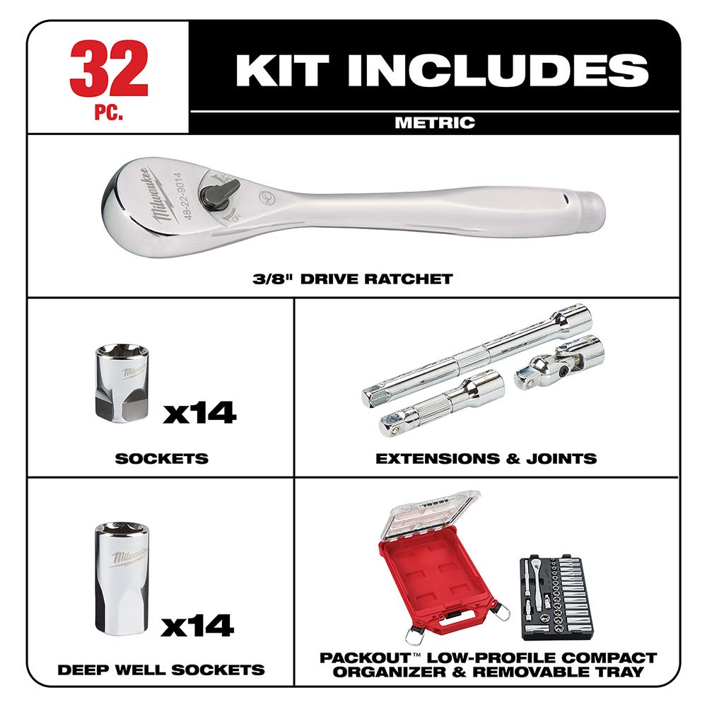 Milwaukee 48-22-9482 32-Piece 3/8” Metric Ratchet and Socket PACKOUT Set
