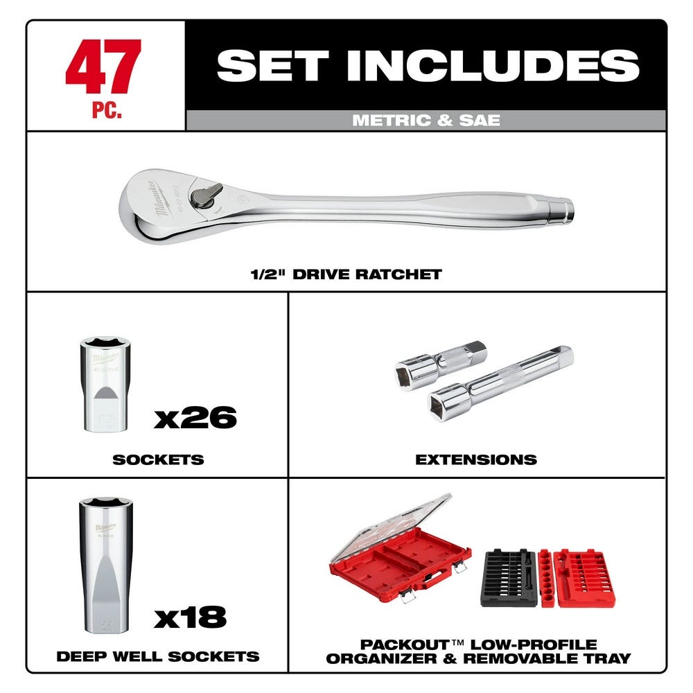 Milwaukee 48-22-9487 47pc 1/2" Drive Ratchet & Socket Set with PACKOUT Organizer