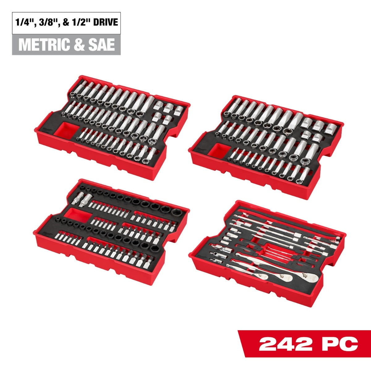 Milwaukee 48-22-9490 242-Piece 1/4-in., 3/8-in., & 1/2-in. Drive Metric & SAE Ratchet & Socket Set with Trays for PACKOUT Drawers