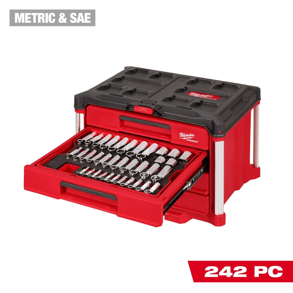 Milwaukee 48-22-9491 PACKOUT Ratchet & Socket Set 242-Piece Drive Metric & SAE with PACKOUT 4-Drawer Tool Box