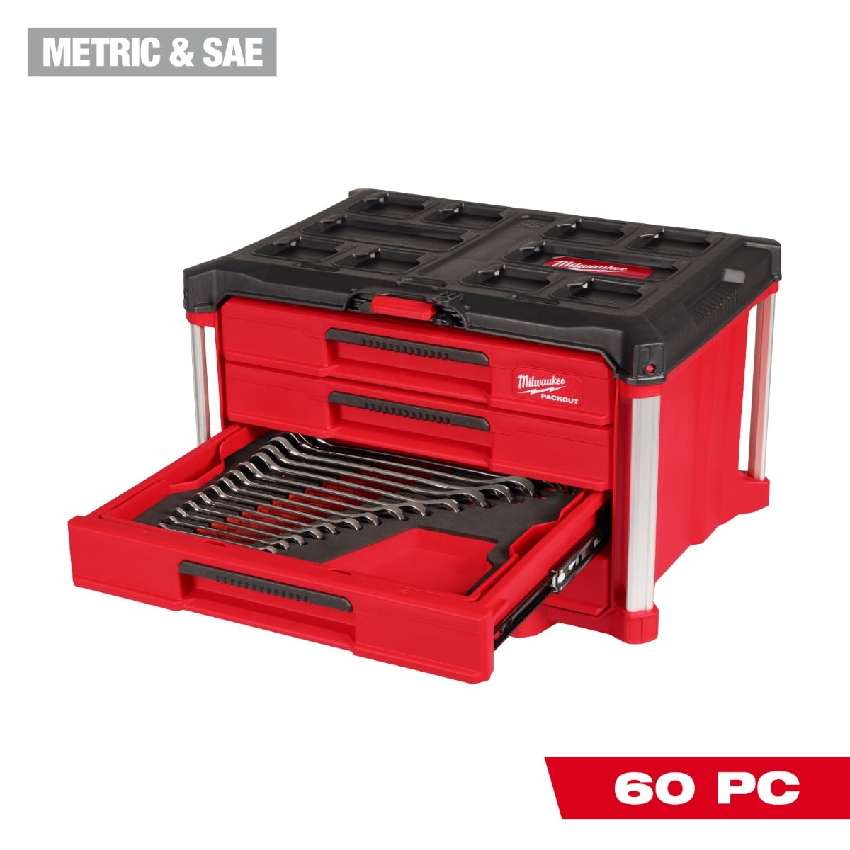 Milwaukee 48-22-9492 60-Piece Metric & SAE Combination Wrench Set with PACKOUT 4-Drawer Tool Box