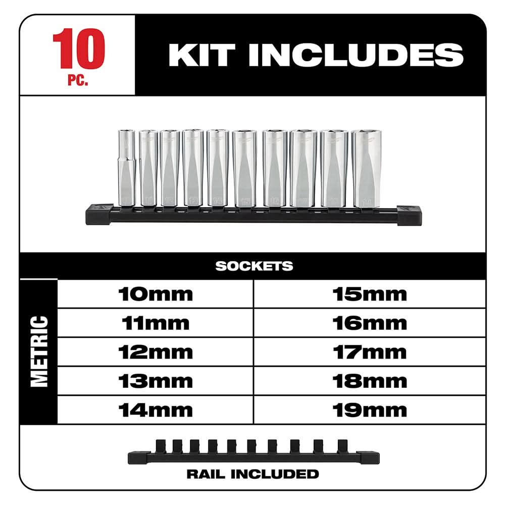 Milwaukee 48-22-9505 3/8-inch Drive 10-Piece Deep Well Socket Set - Metric