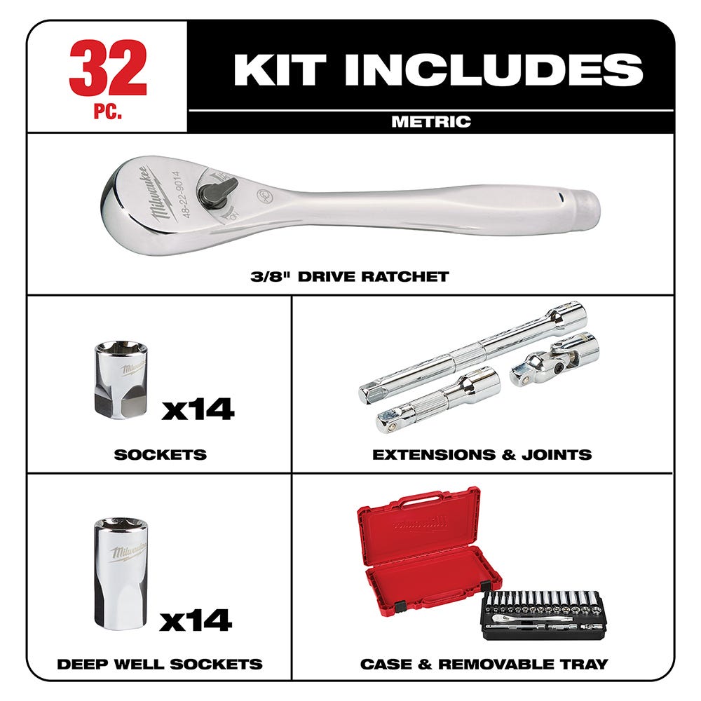 Milwaukee 48-22-9508 3/8" Drive 32-Piece Metric Ratchet & Socket Set