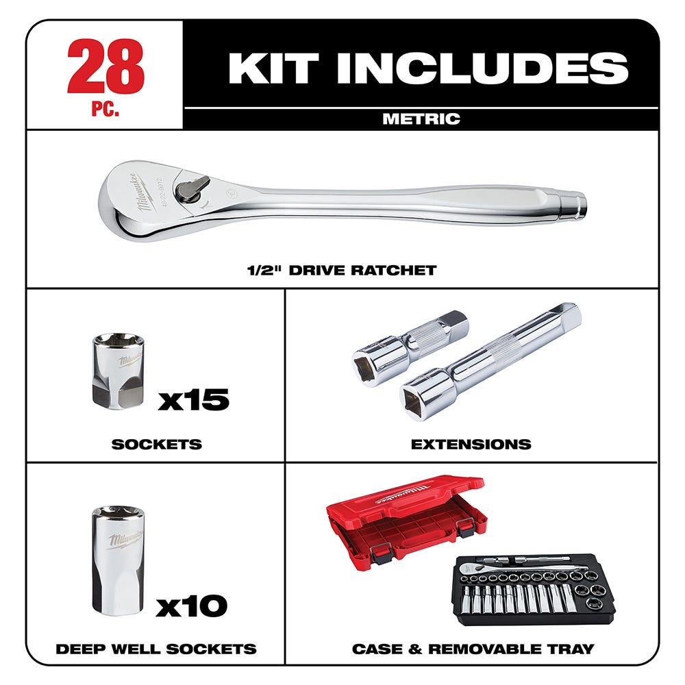 Milwaukee 48-22-9510 1/2" Drive 28-Piece Metric Ratchet & Socket Set