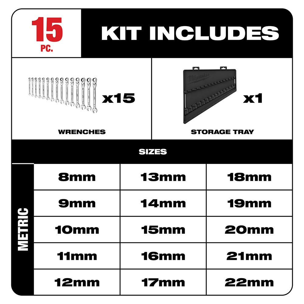 Milwaukee 48-22-9513 Metric Flex Head Ratcheting Combination Wrench, 15-Pieces