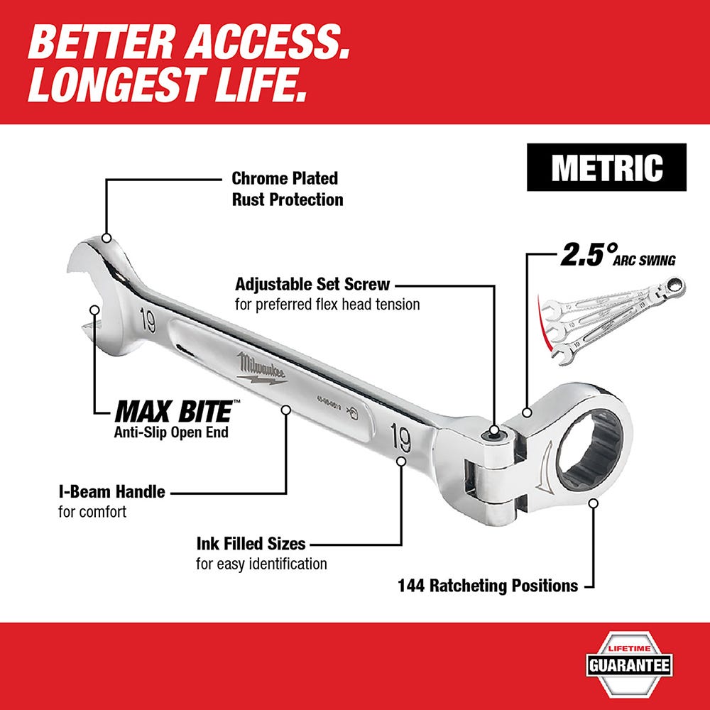 Milwaukee 48-22-9513 Metric Flex Head Ratcheting Combination Wrench, 15-Pieces