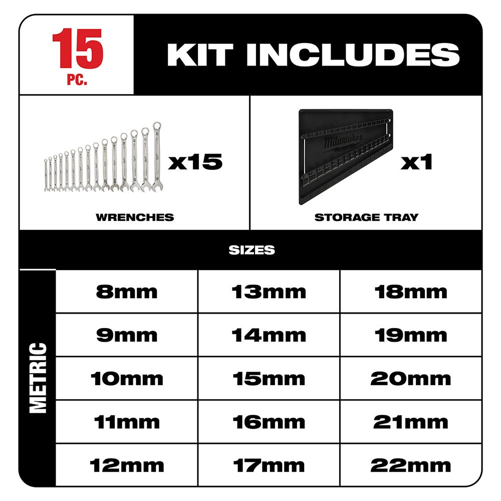 Milwaukee 48-22-9515 15-Piece  Combination Wrench Set - Metric