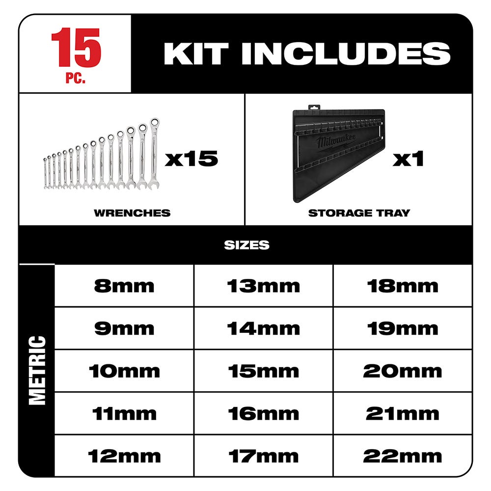 Milwaukee 48-22-9516 15-Piece Ratcheting Combination Metric Wrench Set