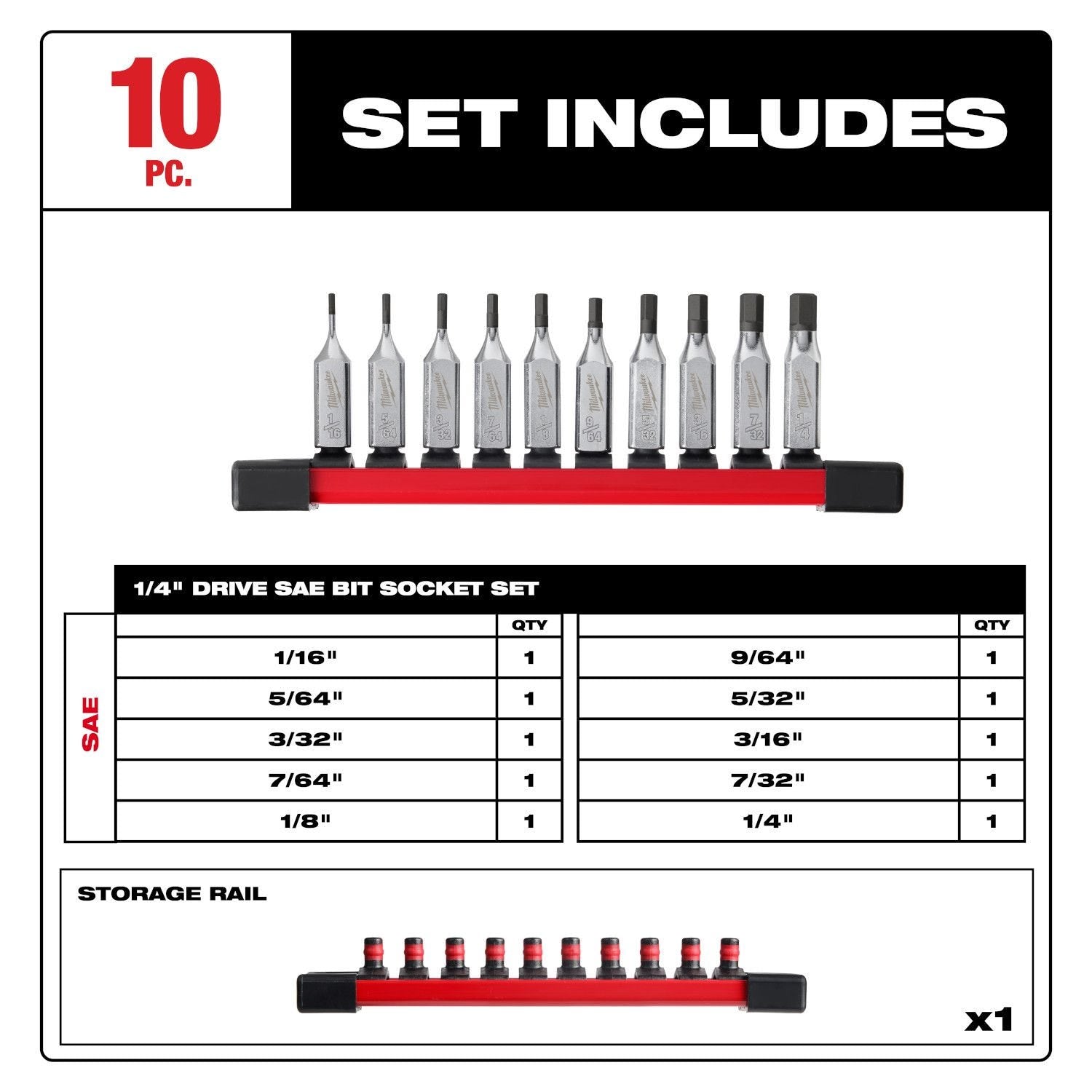 Milwaukee 48-22-9540 10pc 1/4" Drive Hex Bit Socket Set - SAE