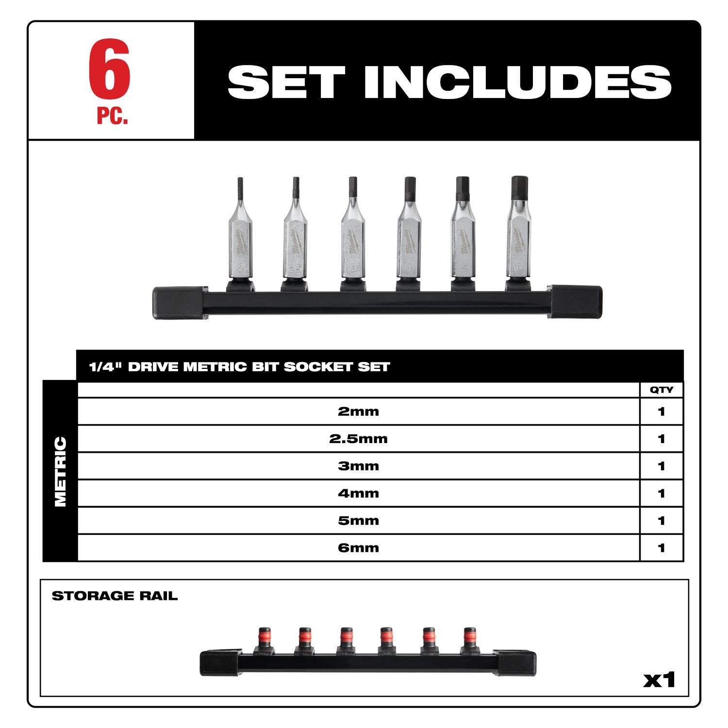 Milwaukee 48-22-9541 6pc 1/4" Drive Hex Bit Socket Set - Metric