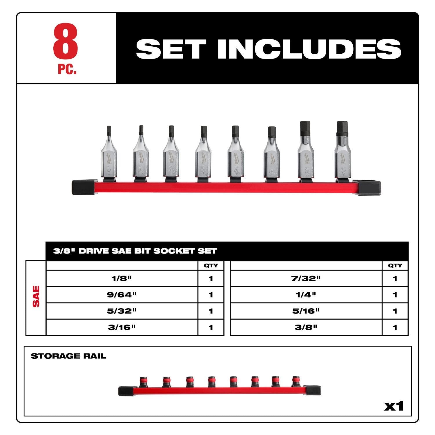 Milwaukee 48-22-9542 8pc 3/8" Drive Hex Bit Socket Set - SAE