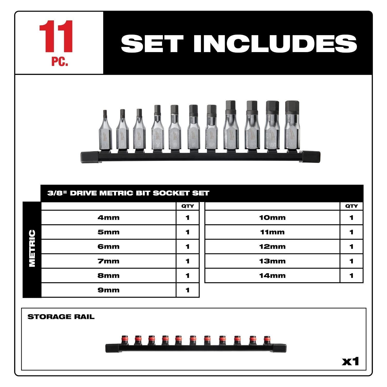 Milwaukee 48-22-9543 11pc 3/8" Drive Hex Bit Socket Set - Metric