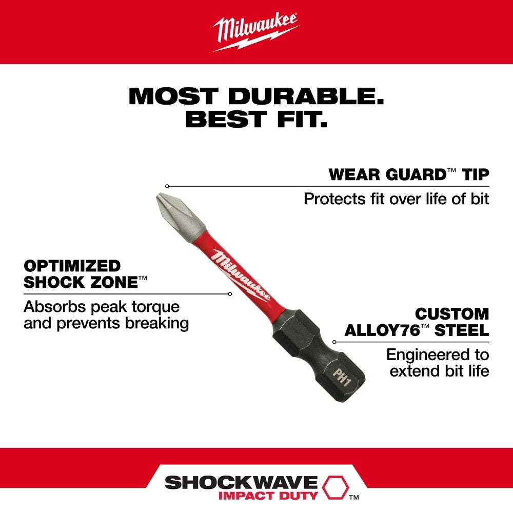 Milwaukee 48-32-4162 SHOCKWAVE 2" Impact Phillips #1 Power Bit, 25-Pack