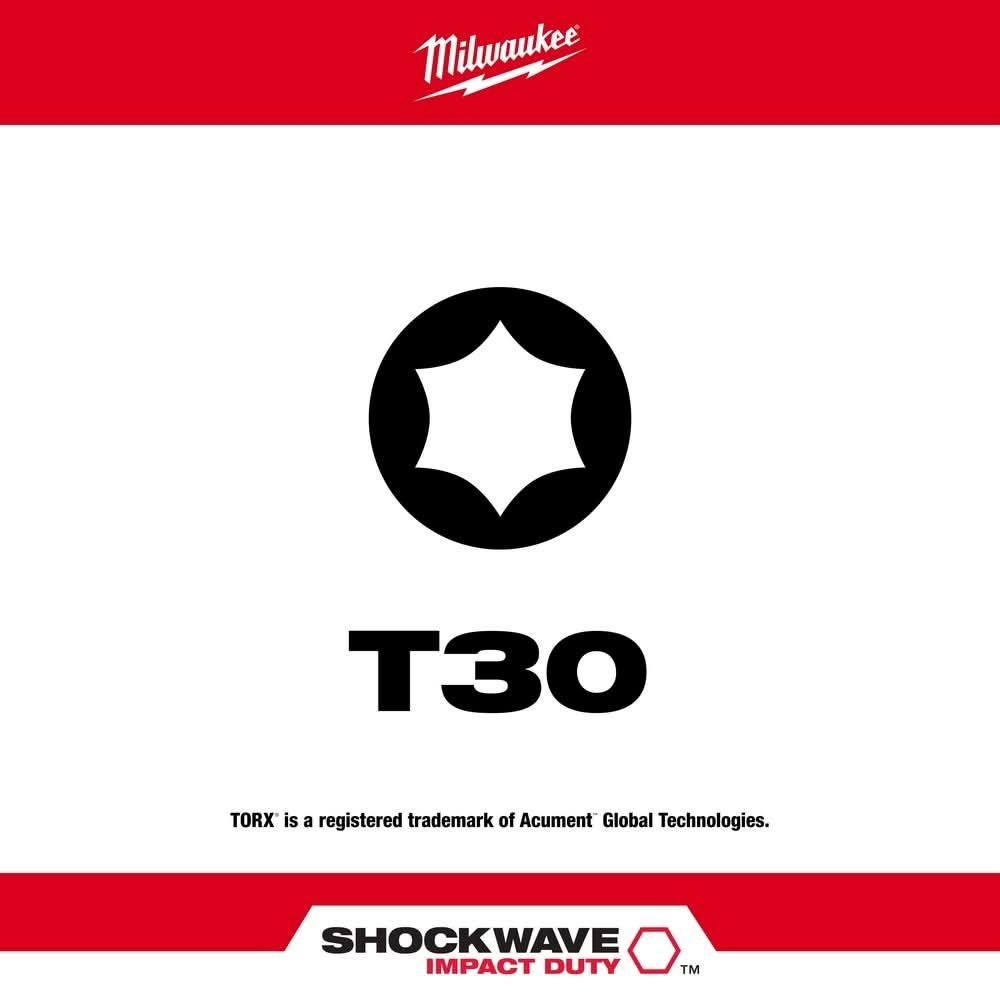 Milwaukee 48-32-4187 SHOCKWAVE 2" Impact Torx T30 Power Bits, 25-Pack