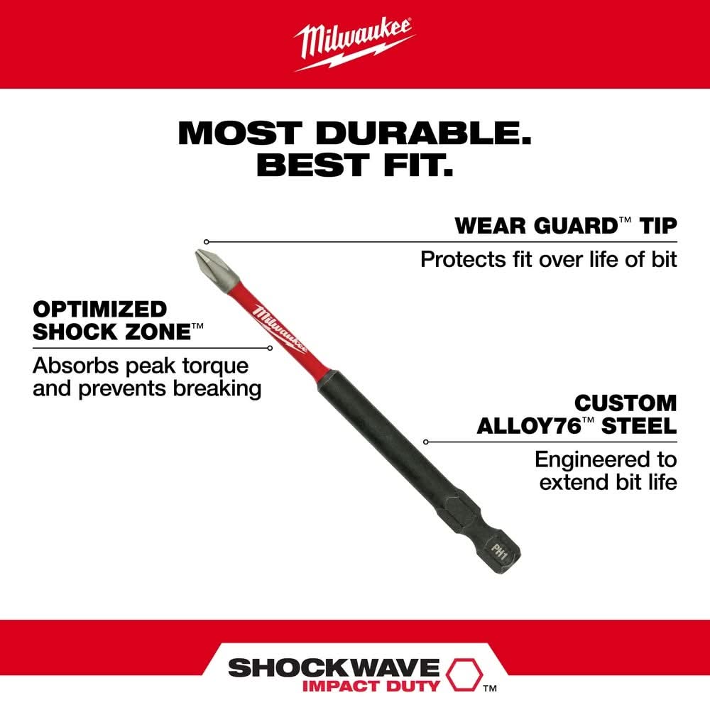 Milwaukee 48-32-4191 SHOCKWAVE 3-1/2" Impact Phillips #2 Power Bits, 25-Pack