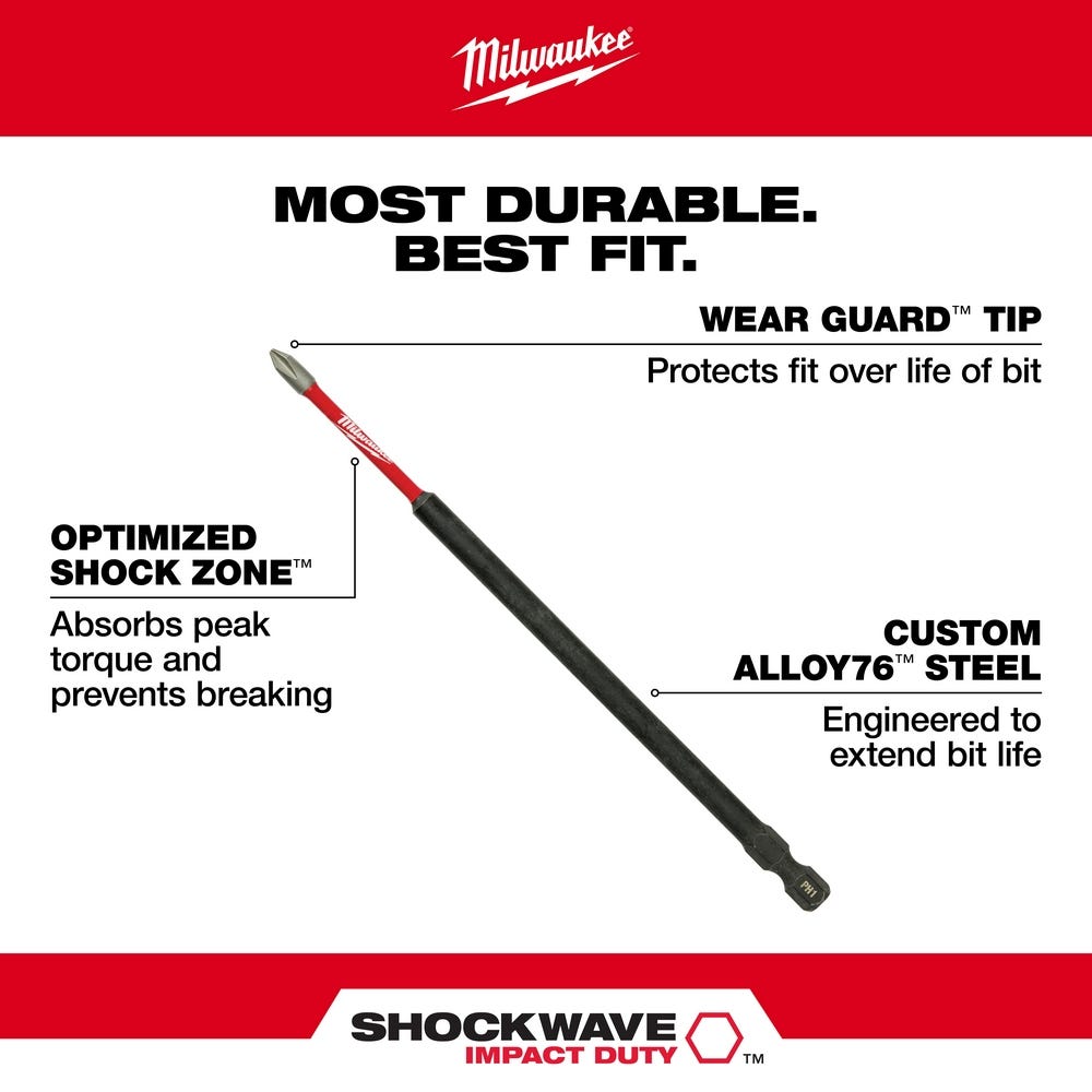 Milwaukee 48-32-4216 SHOCKWAVE 6" Impact Square Recess #3 Power Bits, 10-Pack