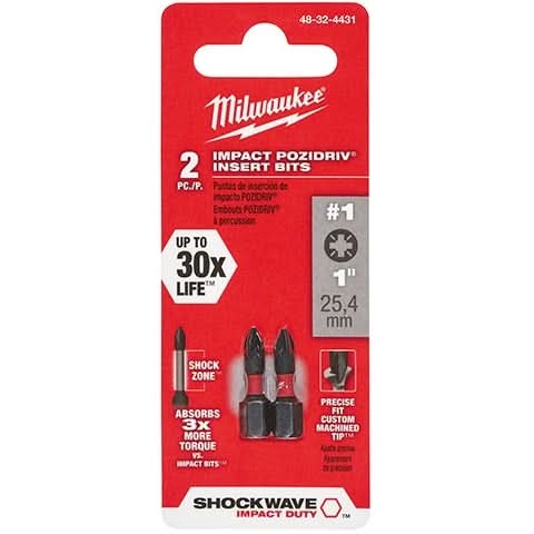 Milwaukee 48-32-4431 Shockwave 1-Inch Impact Pozidriv #1Insert Bits, 2-Pack