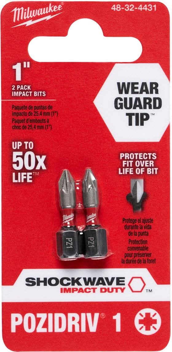 Milwaukee 48-32-4431 Shockwave 1-Inch Impact Pozidriv #1Insert Bits, 2-Pack