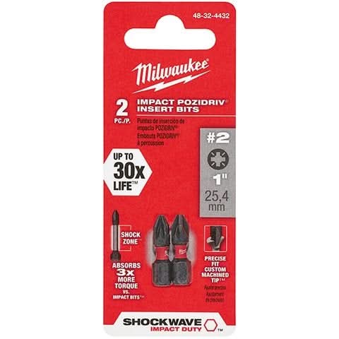 Milwaukee 48-32-4432 Shockwave 1-Inch Impact Pozidriv #2Insert Bits, 2-Pack