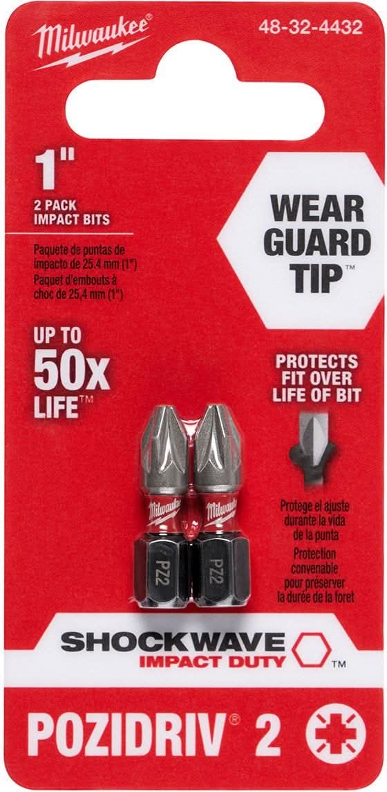 Milwaukee 48-32-4432 Shockwave 1-Inch Impact Pozidriv #2Insert Bits, 2-Pack