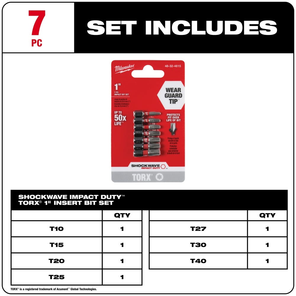 Milwaukee 48-32-4615 Shockwave Torx 1 Insert Bit Set, 7-Pieces