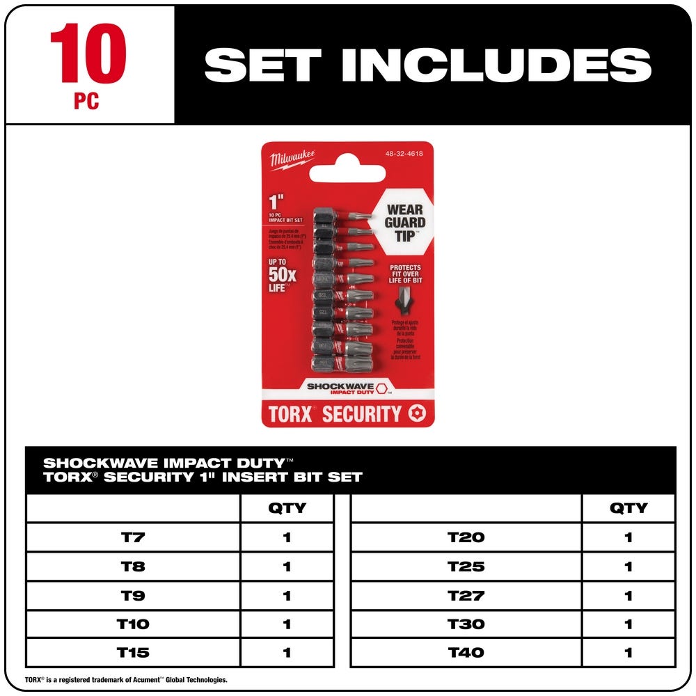 Milwaukee 48-32-4618 10-Piece  SHOCKWAVETorx Security Insert Bit Set