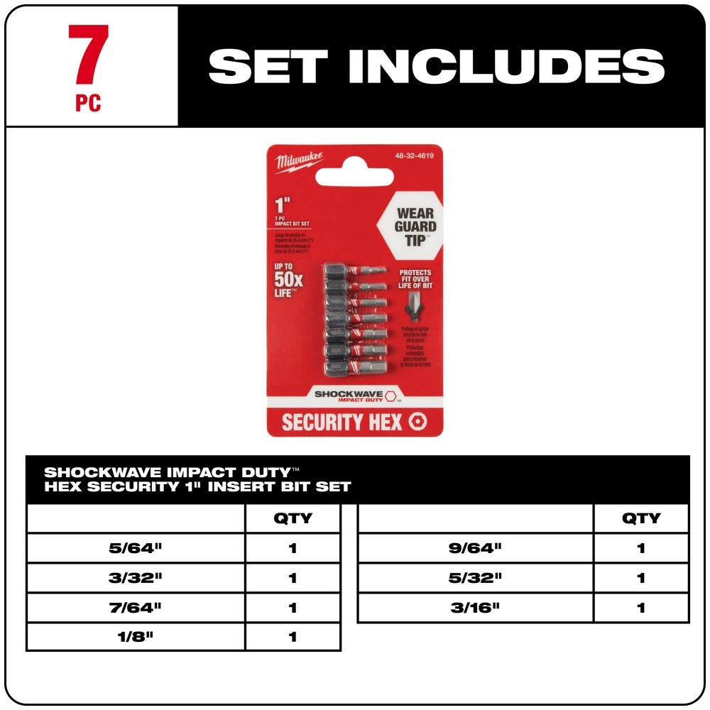 Milwaukee 48-32-4619 7-Piece  SHOCKWAVE Hex Security Insert Bit Set