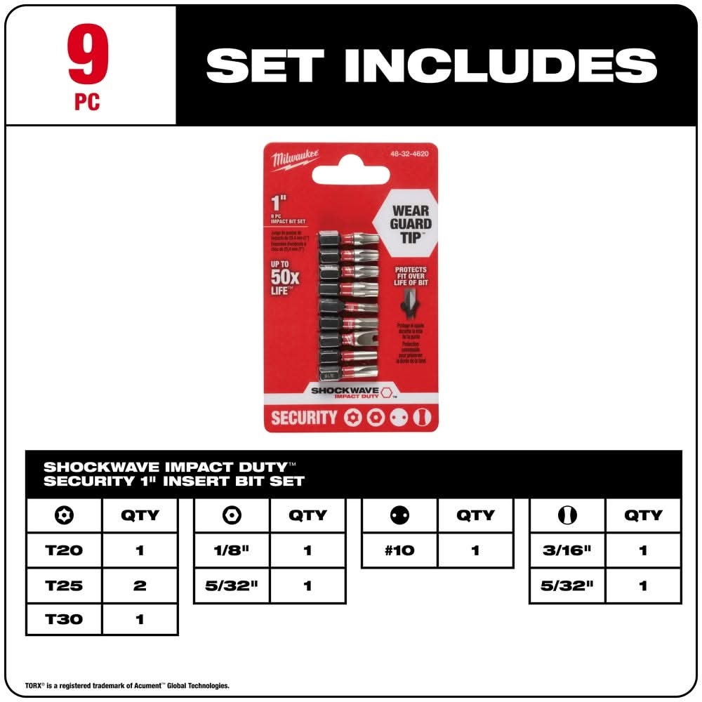 Milwaukee 48-32-4620 9-Piece SHOCKWAVE Security Insert Bit Set