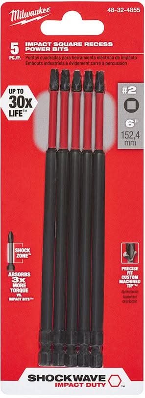 Milwaukee 48-32-4855 Shockwave 6-Inch Impact Square Recess #2 Power Bit, 5-Pack