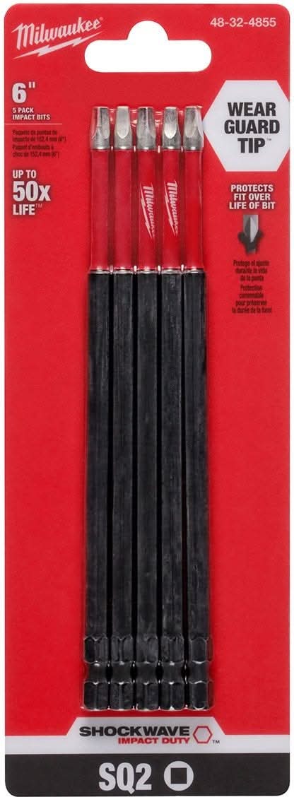 Milwaukee 48-32-4855 Shockwave 6-Inch Impact Square Recess #2 Power Bit, 5-Pack