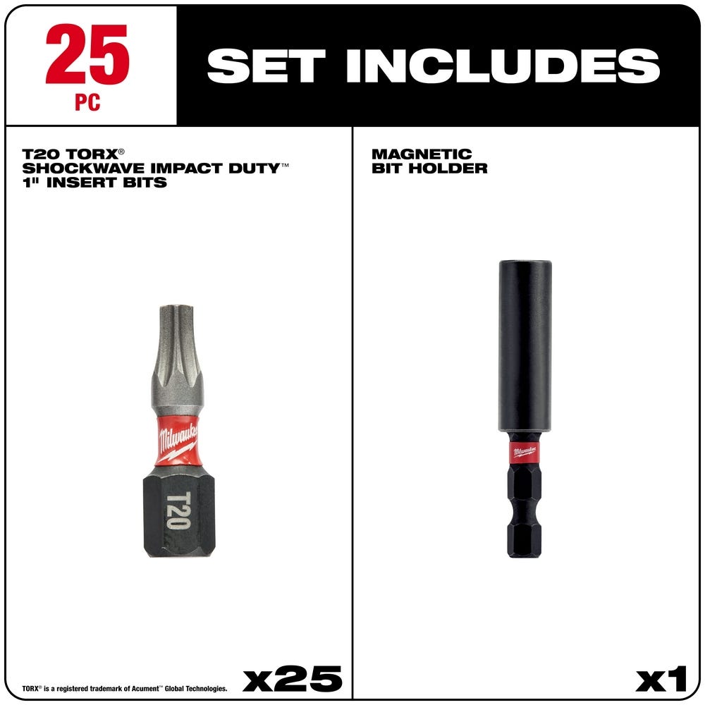 Milwaukee 48-32-5013 Shockwave 1-Inch Impact Torx T20 Power Bits (25 Pack) W/Bit Holder