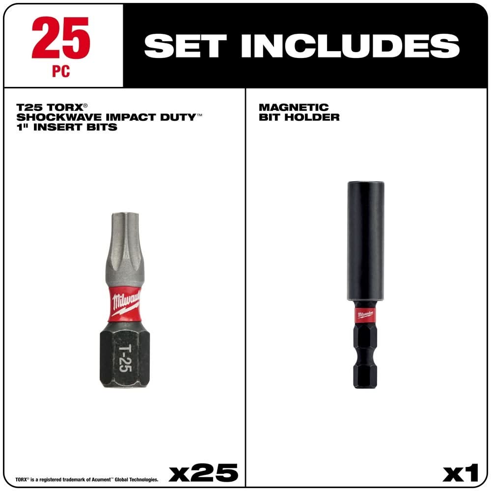 Milwaukee 48-32-5016 Shockwave Insert Bit Torx T25 -, 25-Pack Tic Tac W/ Bit Holder