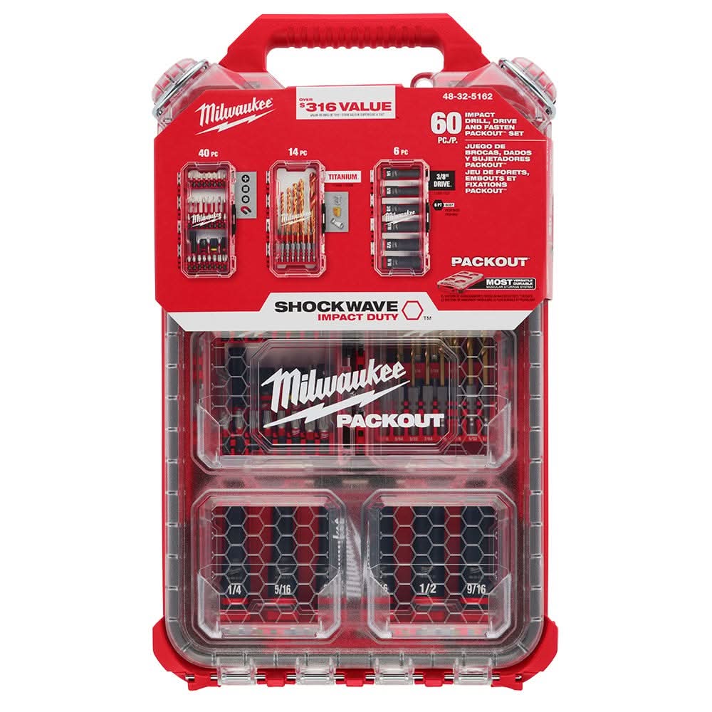 Milwaukee 48-32-5162 60-Piece SHOCKWAVE Impact Duty Drill, Drive & Fastening PACKOUT Set