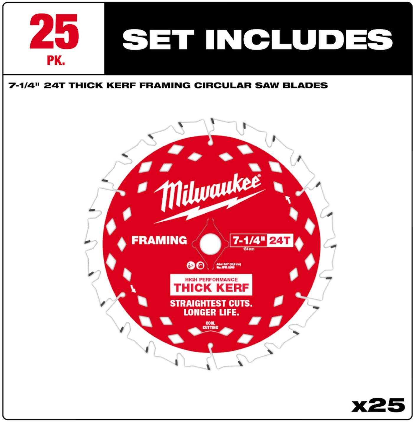 Milwaukee 48-40-2740 7-1/4 in. 24T Thick Kerf Framing Circular Saw Blade Contractor Pack (25-Pack)