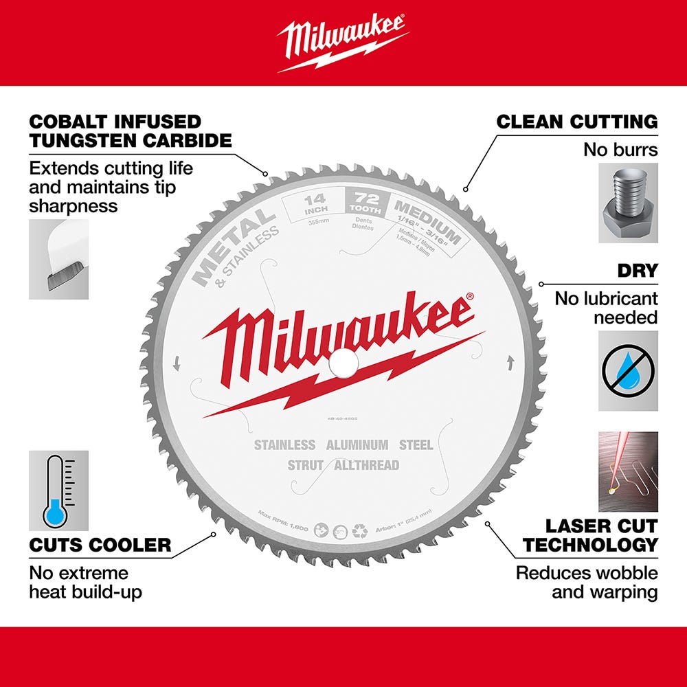 Milwaukee 48-40-4505 14 in. 72 Teeth Dry Cut Carbide Tipped Circular Saw Blade
