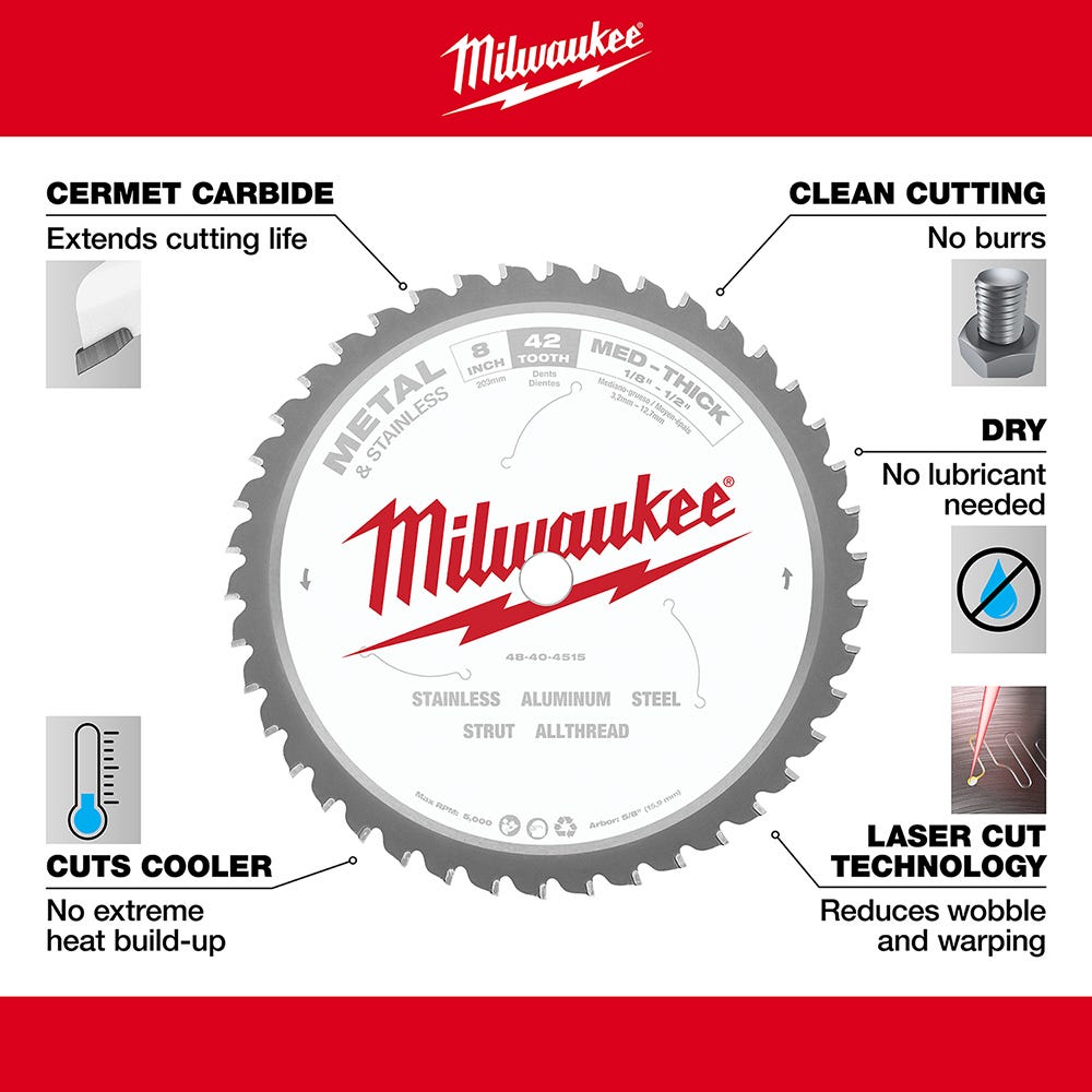 Milwaukee 48-40-4515 8 in. 42 Teeth Dry Cut Cermet Tipped Circular Saw Blade