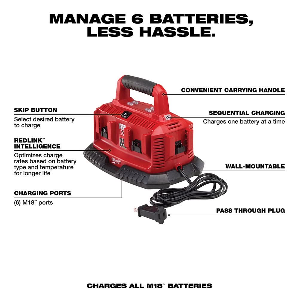 Milwaukee 6 Bay Charger with M18 REDLITHIUM HIGH OUTPUT XC 6.0Ah Battery 2-Pack