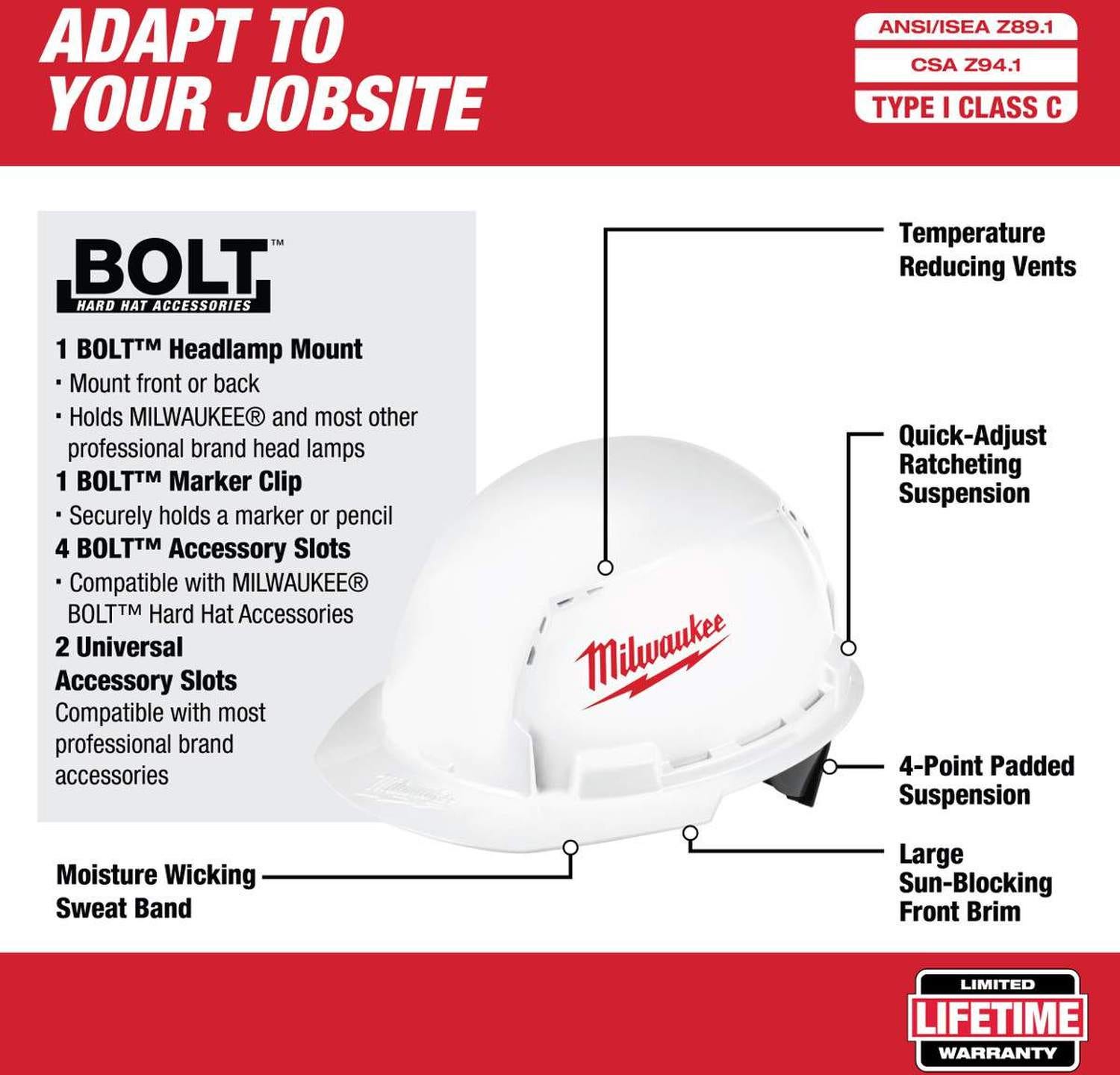 Milwaukee 48-73-1000 Front Brim Vented Hard Hat with BOLT Accessories Type 1 Class C (PROMO)