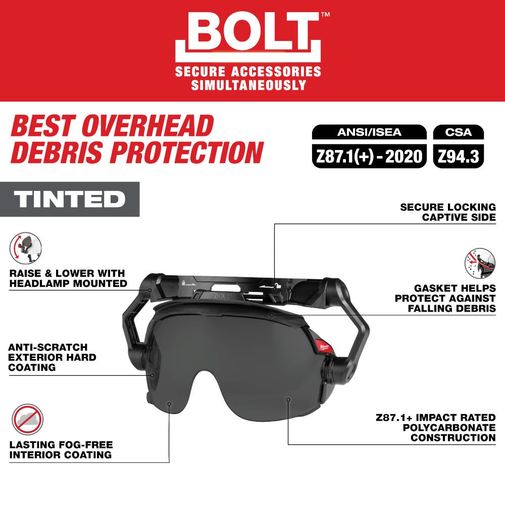 Milwaukee 48-73-1417 BOLT Gasketed Eye Visor - Tinted Dual Coat Lens (Compatible with Milwaukee BOLT Safety Helmets & BOLT Hard Hats)