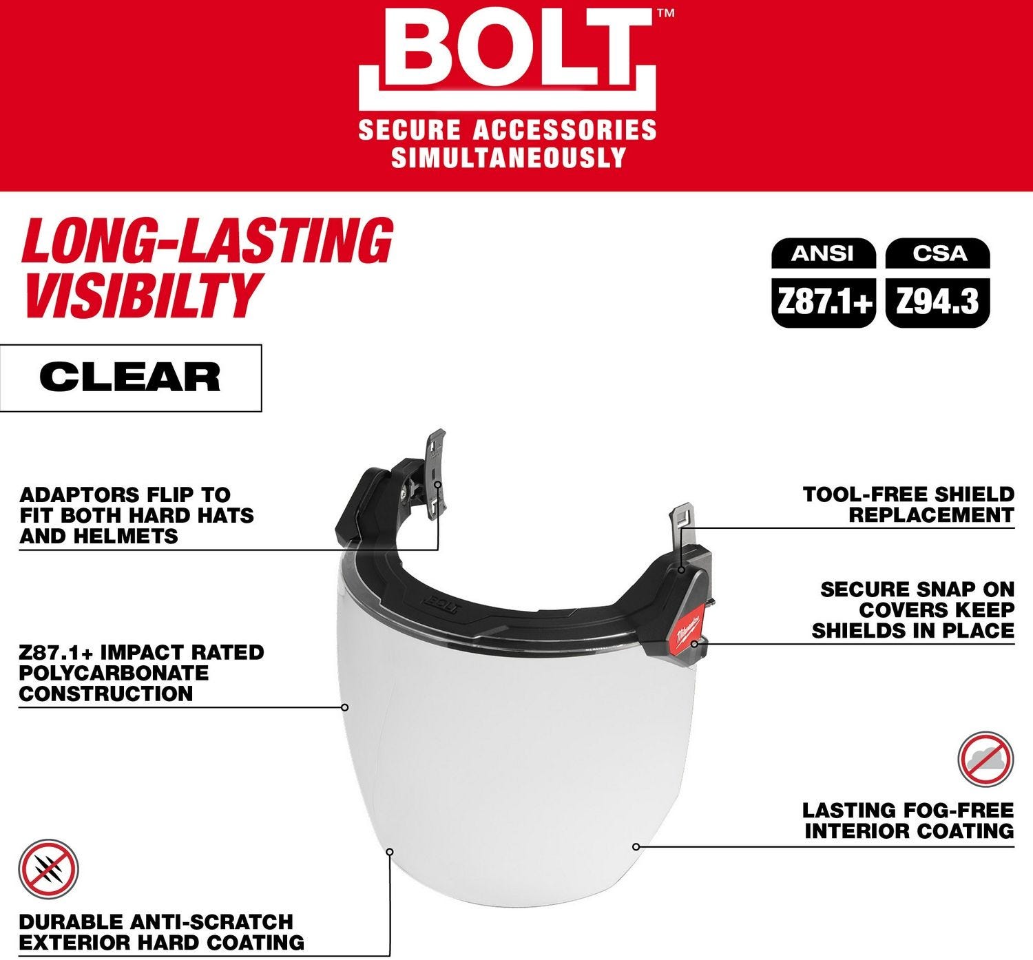 Milwaukee 48-73-1420 BOLT Full Face Shield - Clear Dual Coat Lens (Compatible with Milwaukee Safety Helmets & Hard Hats)