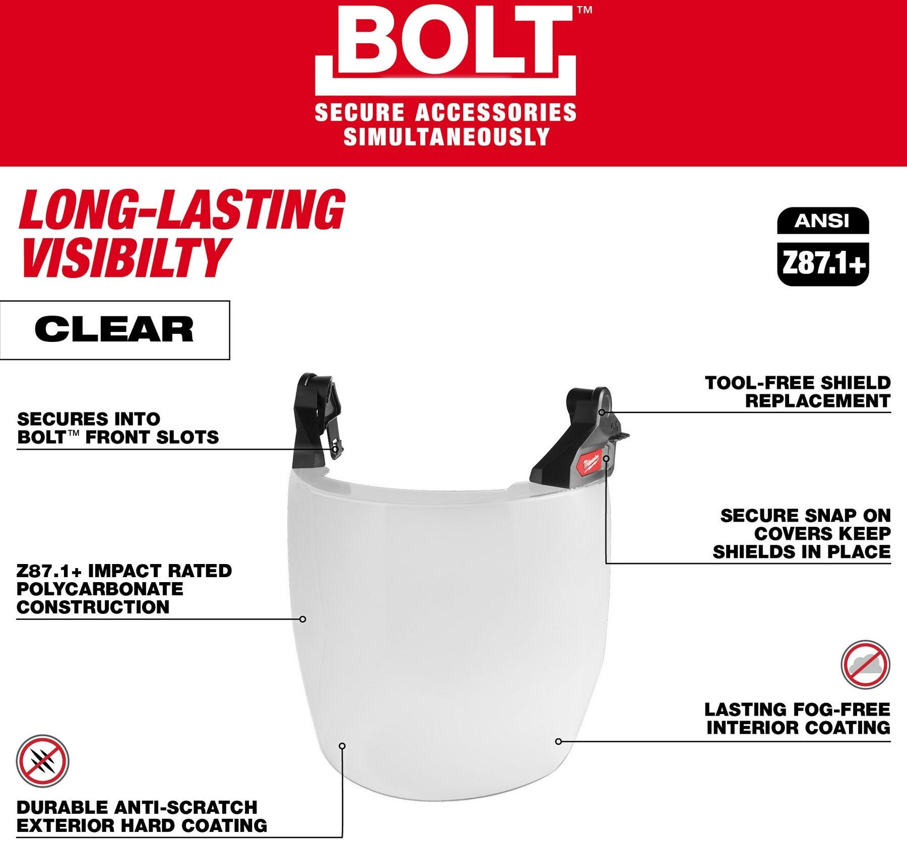 Milwaukee 48-73-1421 BOLT Full Face Shield - Clear Dual Coat Lens (Compatible with Milwaukee Safety Helmet [No Brim])