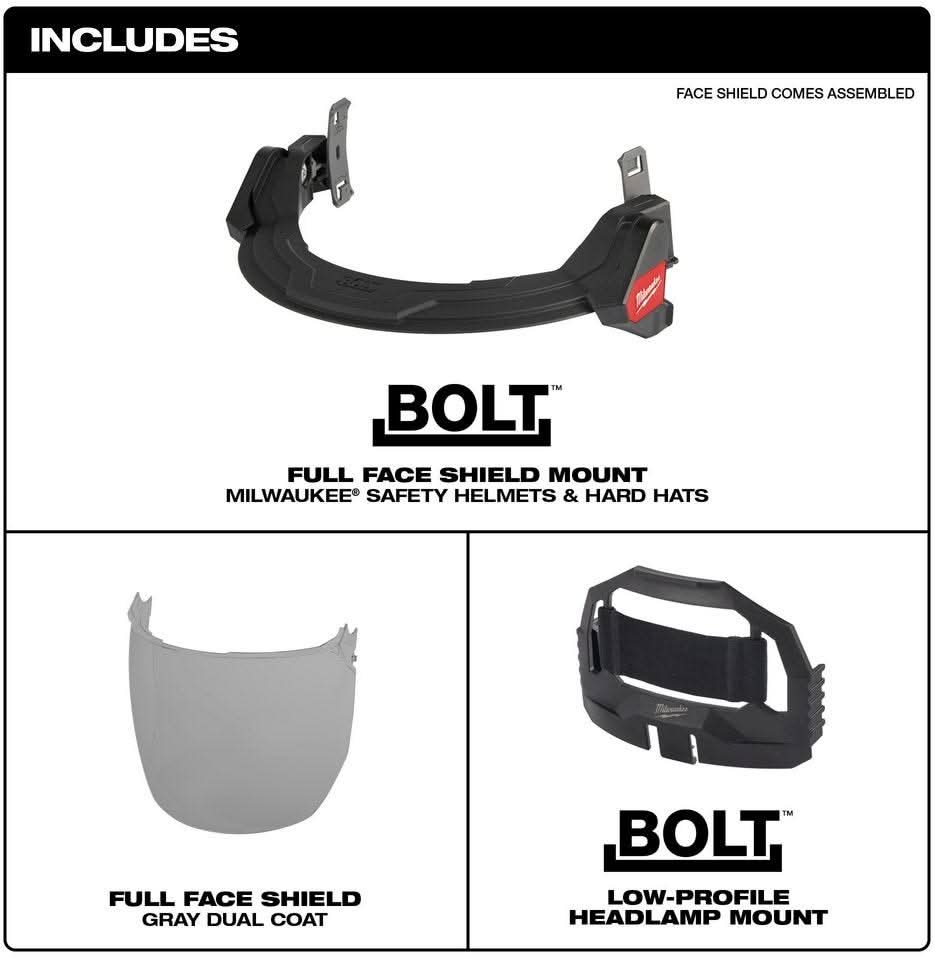 Milwaukee 48-73-1425 BOLT Full Face Shield - Gray Dual Coat Lens (Compatible with Milwaukee Safety Helmets & Hard Hats)