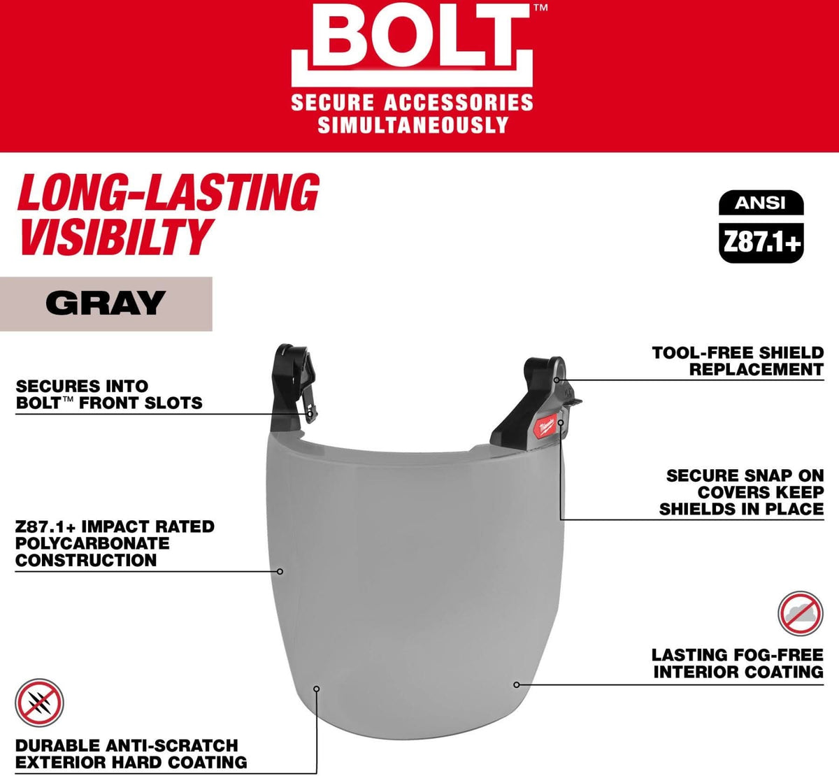 Milwaukee 48-73-1426 BOLT Full Face Shield - Gray Dual Coat Lens (Compatible with Milwaukee Safety Helmet [No Brim])