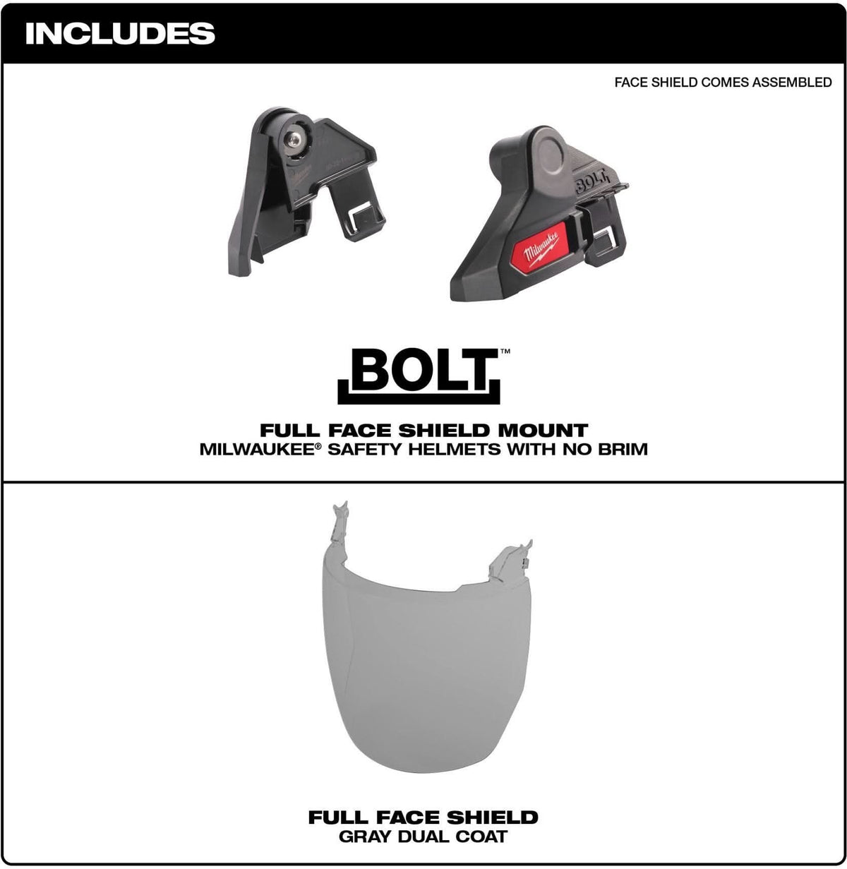 Milwaukee 48-73-1426 BOLT Full Face Shield - Gray Dual Coat Lens (Compatible with Milwaukee Safety Helmet [No Brim])