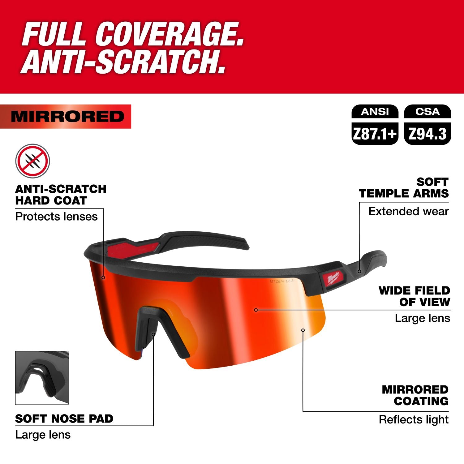 Milwaukee 48-73-2506 Wrap Around Red Mirrored Safety Glasses w/ Anti-Scratch Lenses