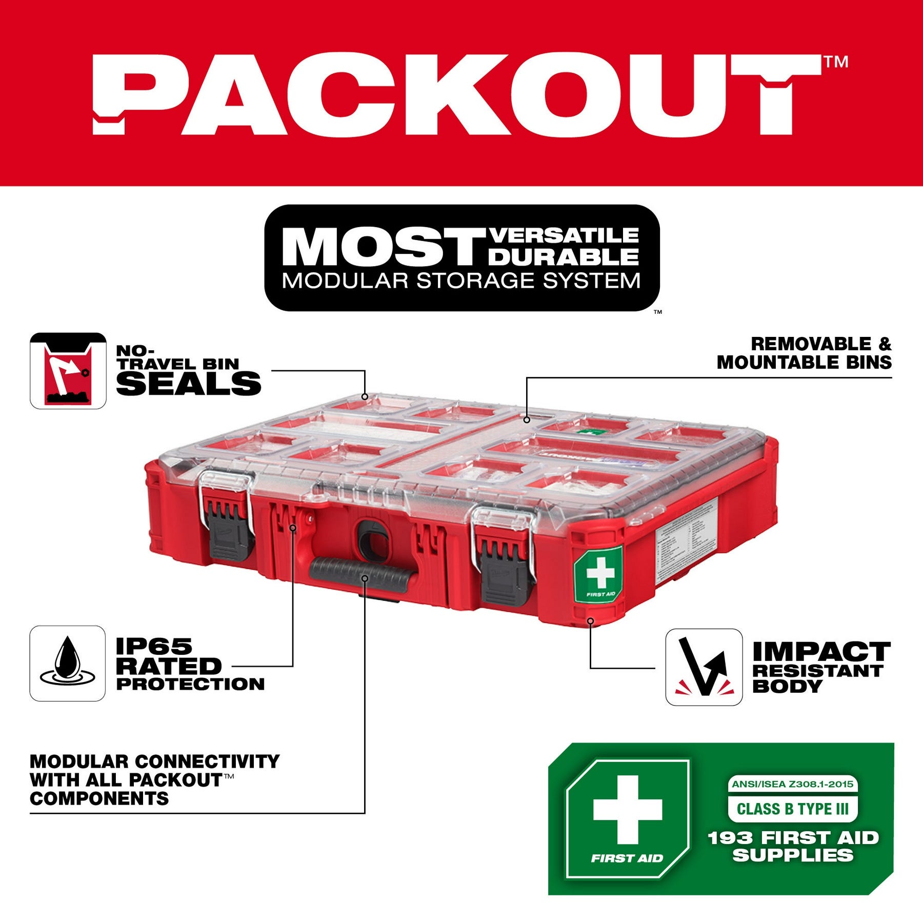 Milwaukee 48-73-8430C 193PC Class B Type III PACKOUT First Aid Kit