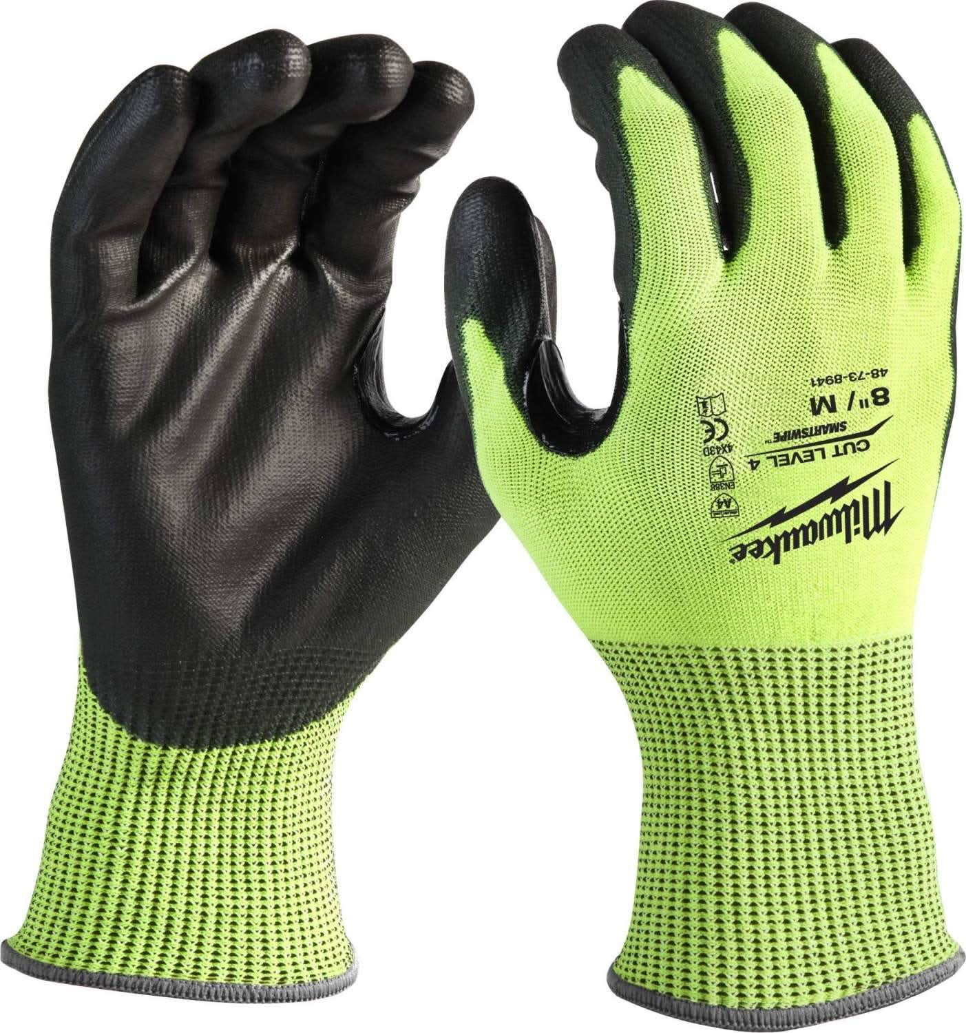 Milwaukee High Visibility Cut Level 4 Polyurethane Dipped Gloves, 1-Pack