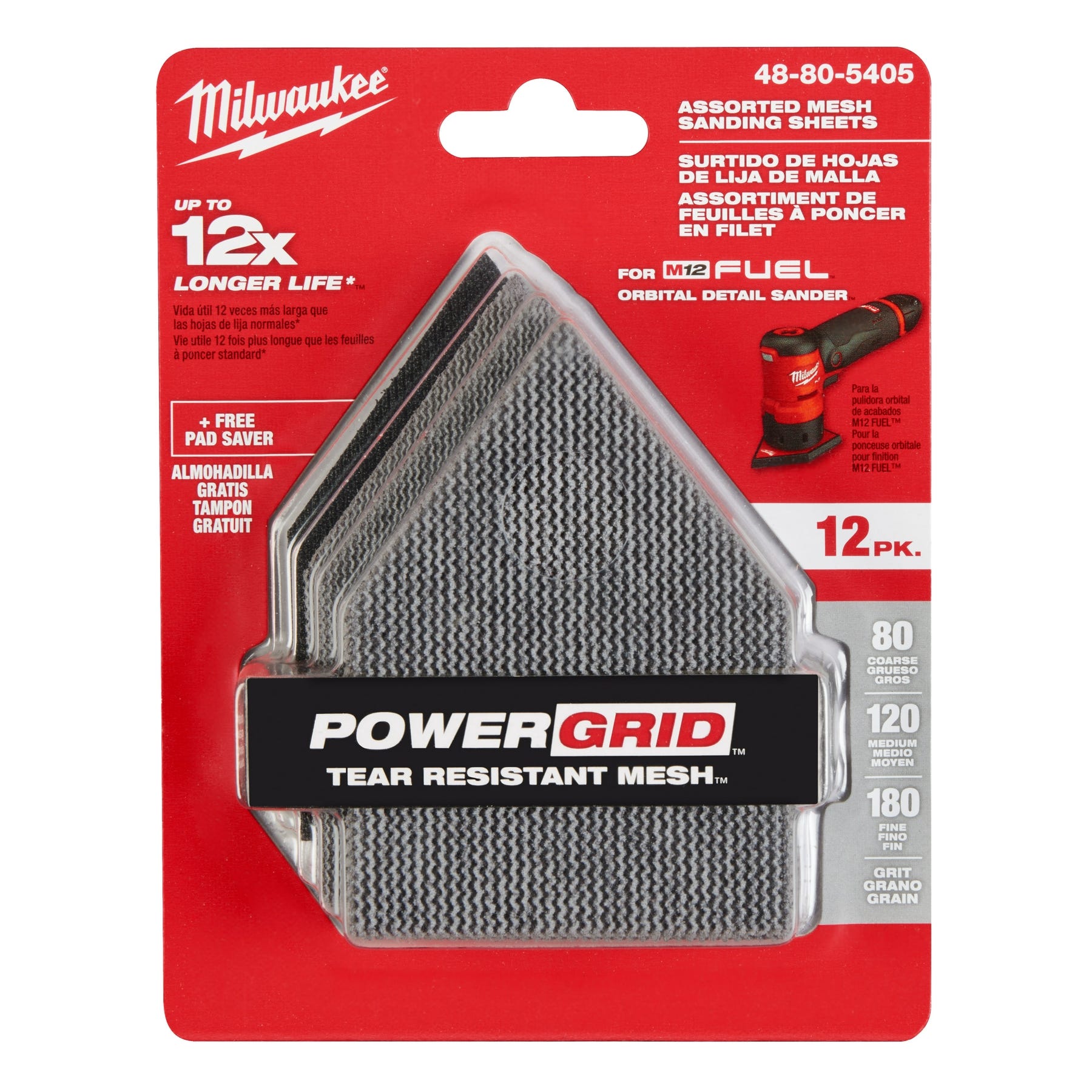 Milwaukee 48-80-5405 Assorted 80, 120 & 180 Grit Mesh Sanding Sheets for M12 FUEL Orbital Detail Sander 12-Pack
