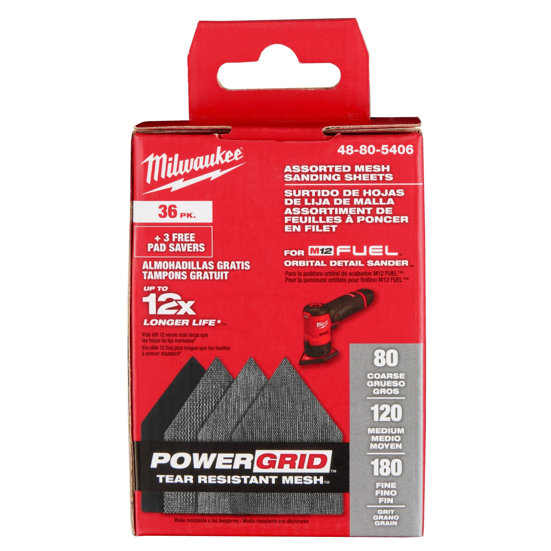 Milwaukee 48-80-5406 Assorted 80, 120 & 180 Grit Mesh Sanding Sheets for M12 FUEL Orbital Detail Sander 36-Pack