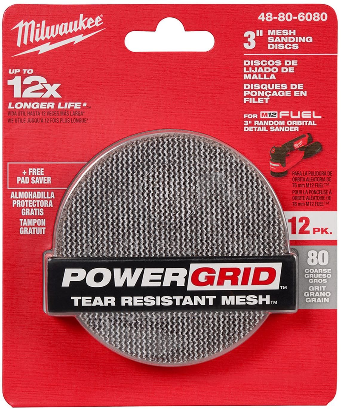 Milwaukee 48-80-6080 3 in. 80 Grit Mesh Sanding Discs with POWERGRID Tear Resistant Mesh (12-Pack + Pad Saver)